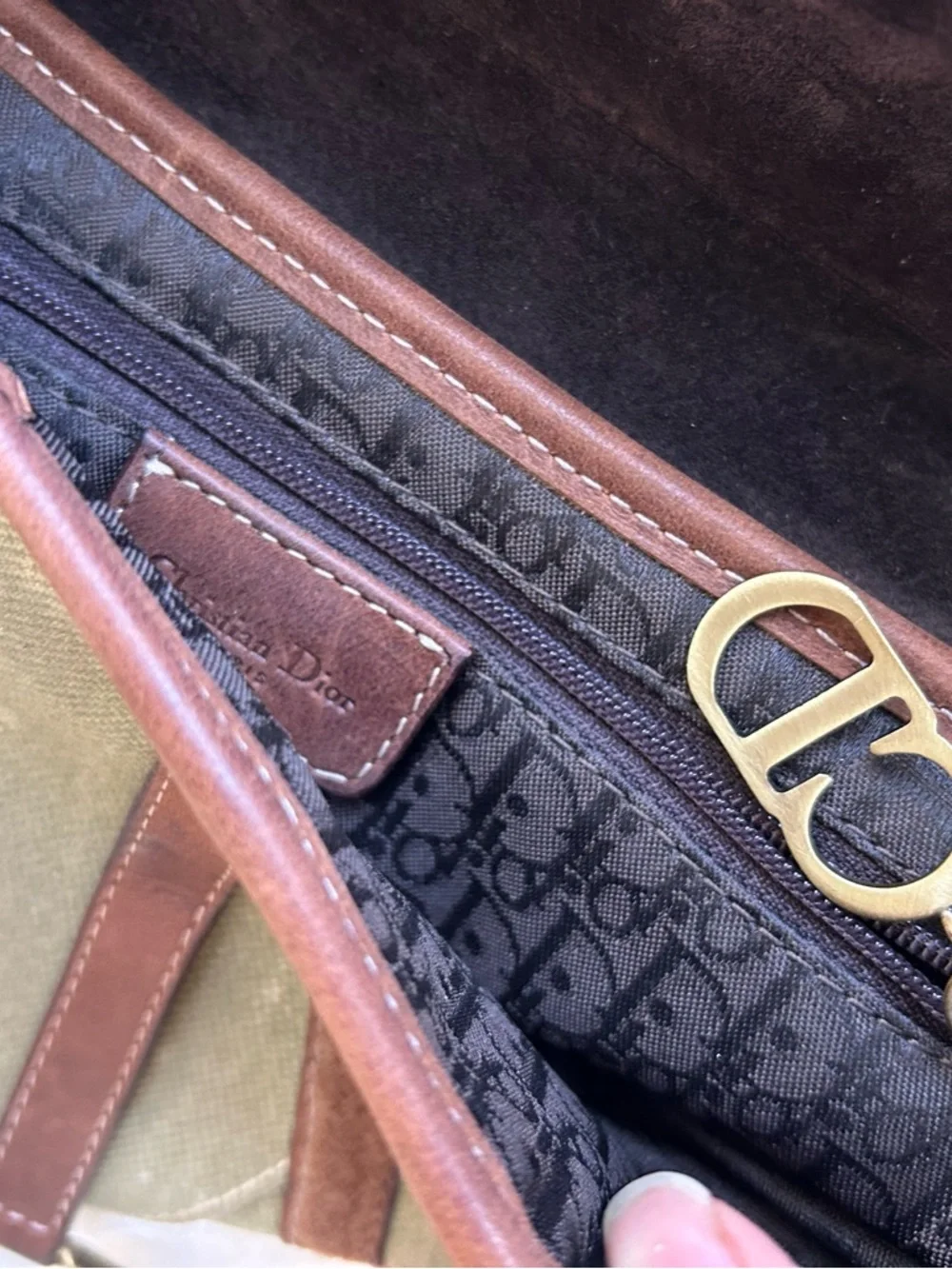 Dior Brown Leather Trim Logo-Print Interior Shoulder Bag - Picture 7 of 10